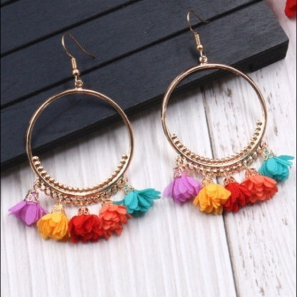 Boho Tassel Hoop Earrings NWT Colorful Floral Dangle Statement Jewelry